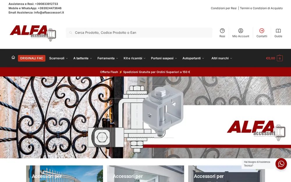 Home page di alfaaccessori.it, e-commerce di componenti per cancelli