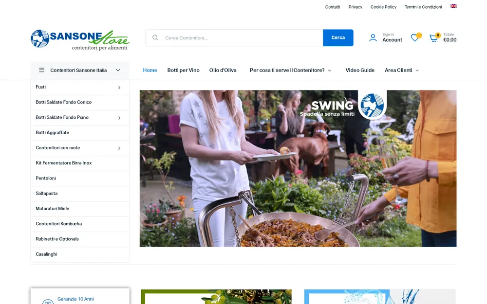 Home page di sansonestore.com, e-commerce di contenitori in acciaio inox per alimenti